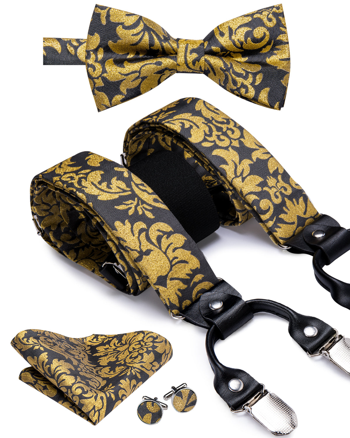 Luxury Gold Floral Suspender Bowtie Pocket Square Cufflinks Set