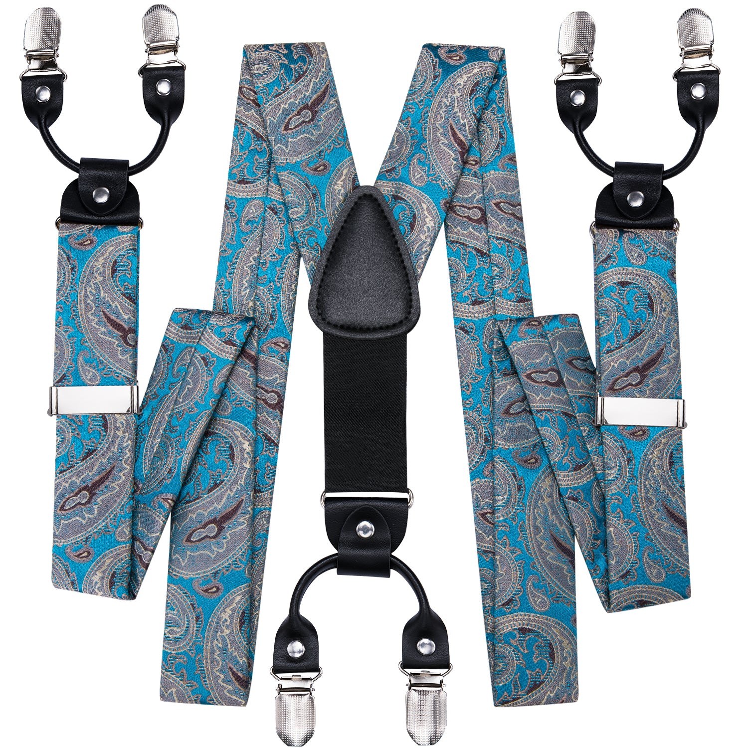 Luxury Blue Paisley Suspender Bowtie Pocket Square Cufflinks Set