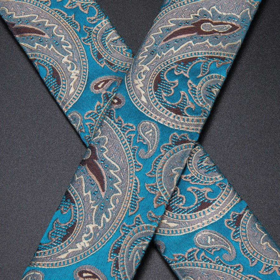 Luxury Blue Paisley Suspender Bowtie Pocket Square Cufflinks Set