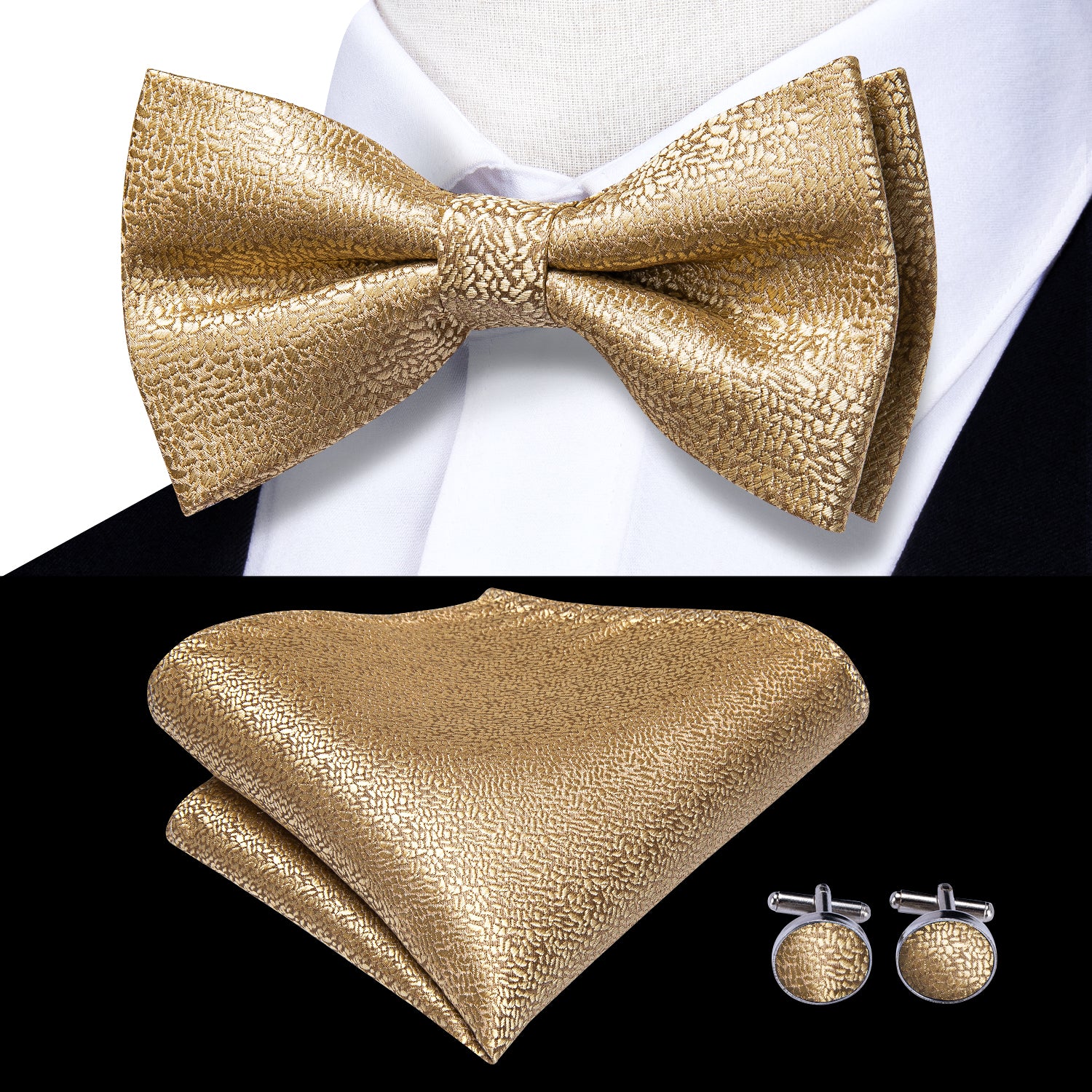 Yellow Paisley Suspender Bow Tie Handkerchief Cufflinks Set