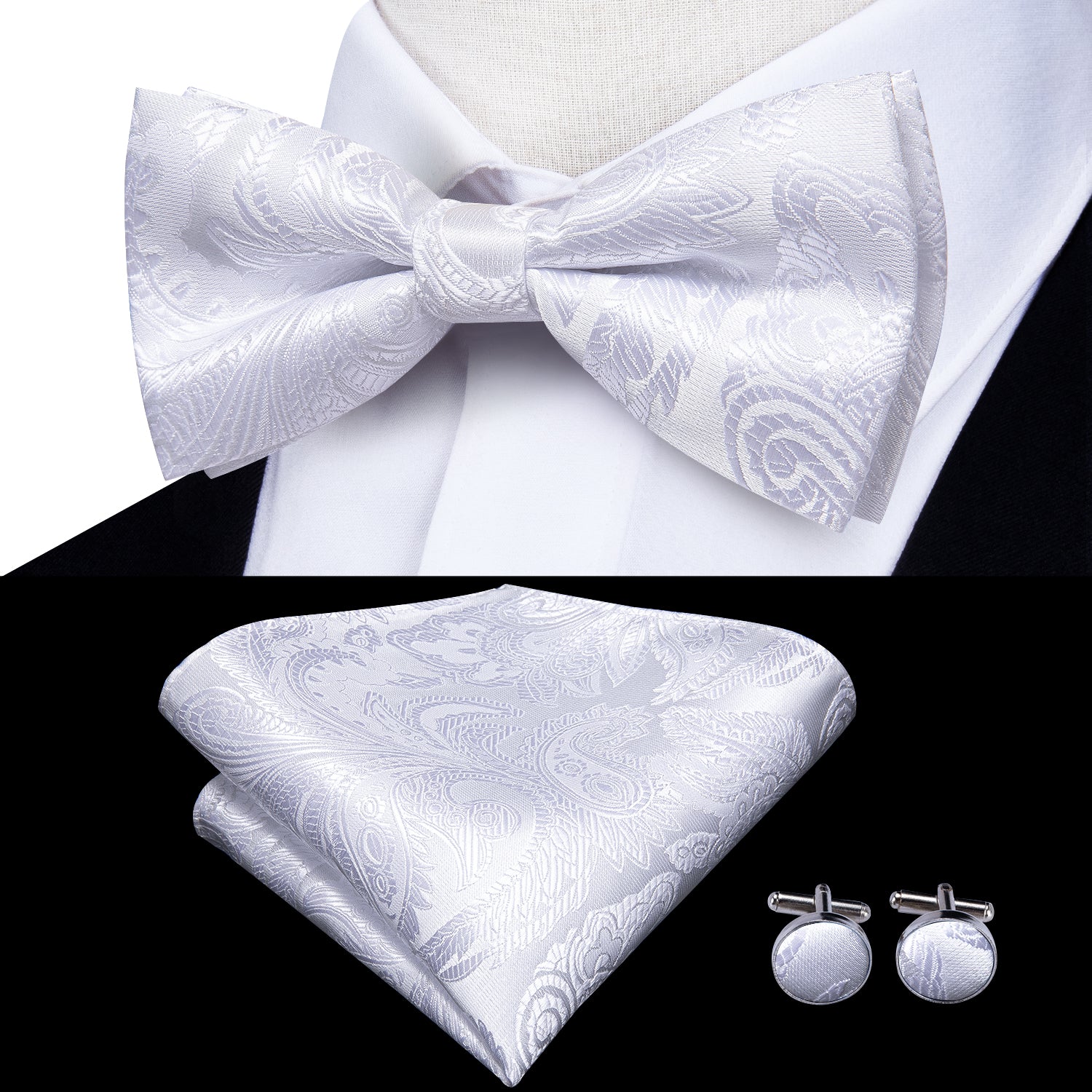Luxury White Paisley Suspender Bowtie Pocket Square Cufflinks Set