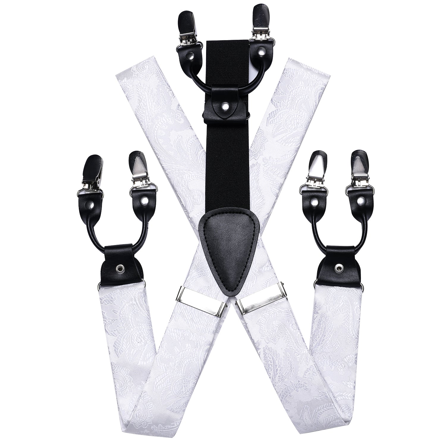 Luxury White Paisley Suspender Bowtie Pocket Square Cufflinks Set