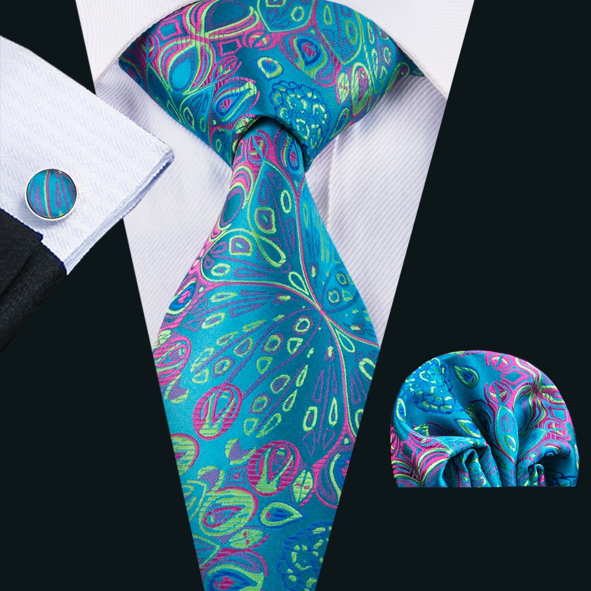 Teal Blue Necktie Green Floral Tie Pocket Square Cufflinks Set