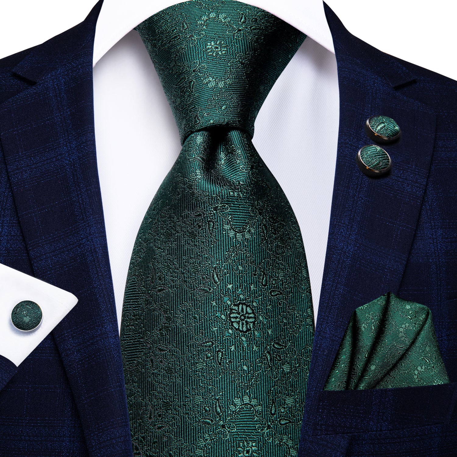 Dark Green Floral Men's 63 Inches Extra Long Tie Pocket Square Cufflinks Set