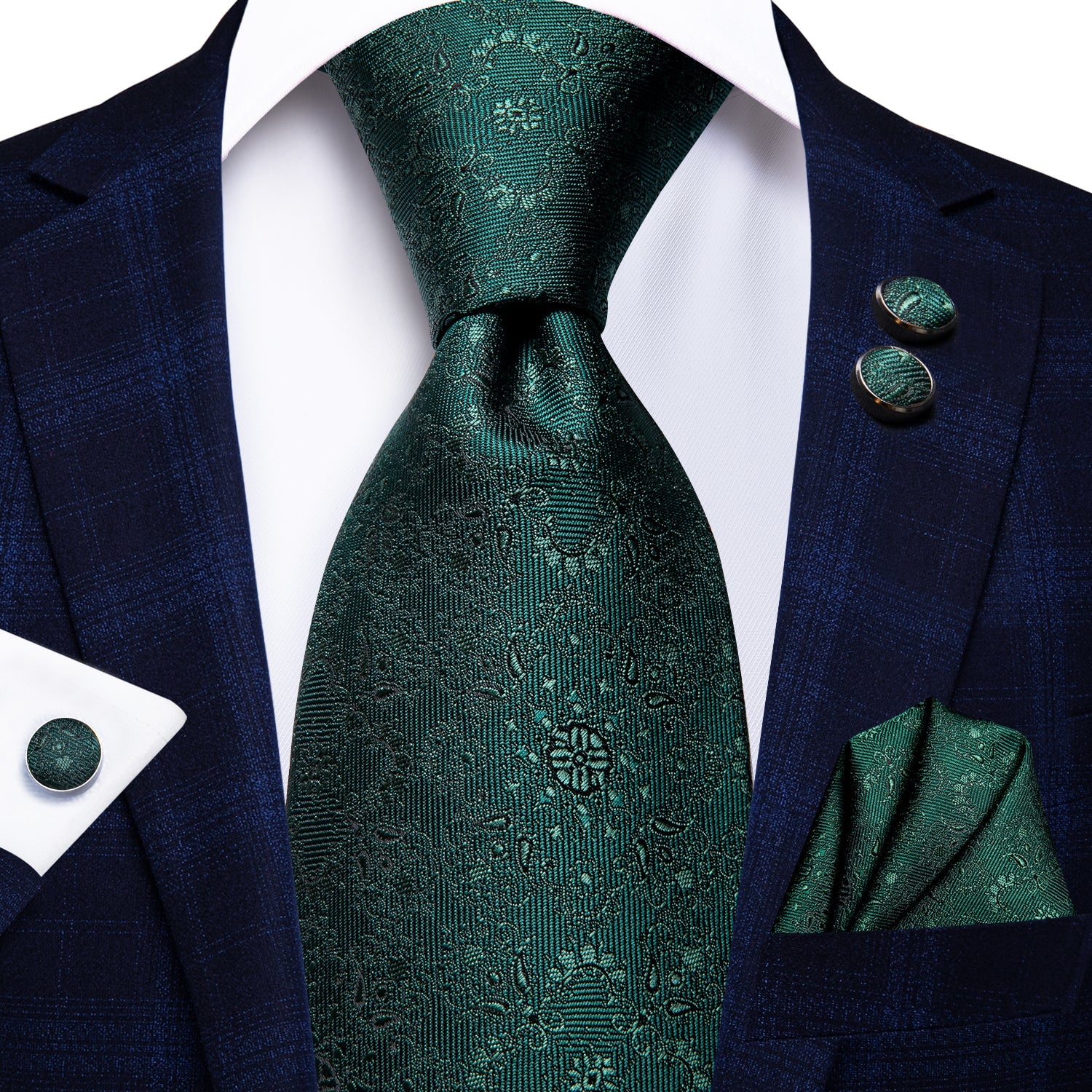 Dark Green Floral Men's 63 Inch Tie Pocket Square Cufflinks Set