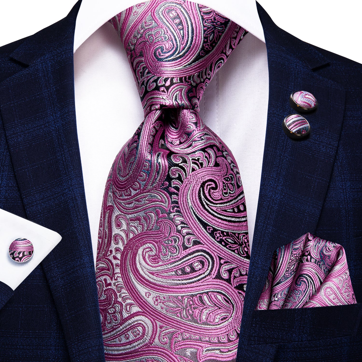 Pink Paisley Tie Pocket Square Cufflinks Gift Box Set