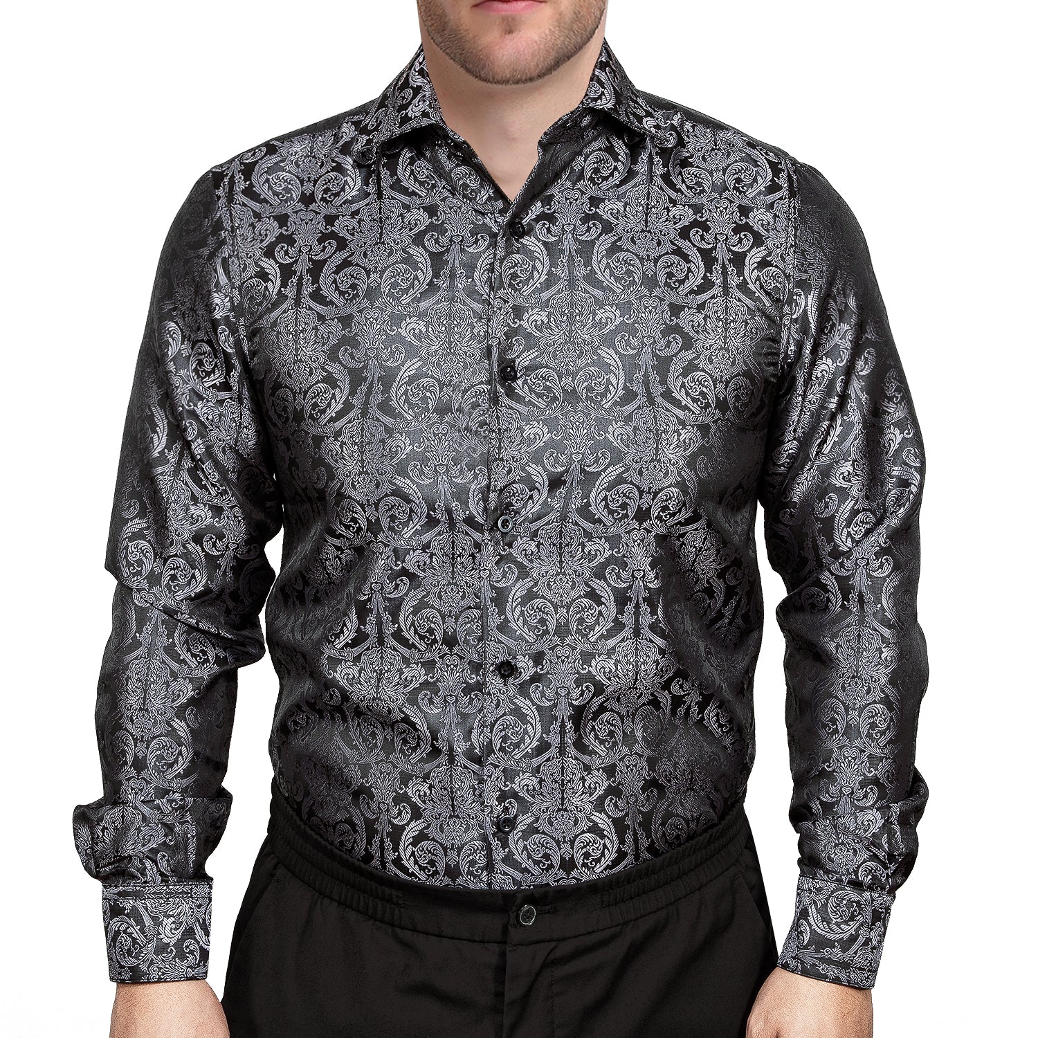 Long Sleeve Shirt Dark Grey Black Jacquard Grey Floral Shirt