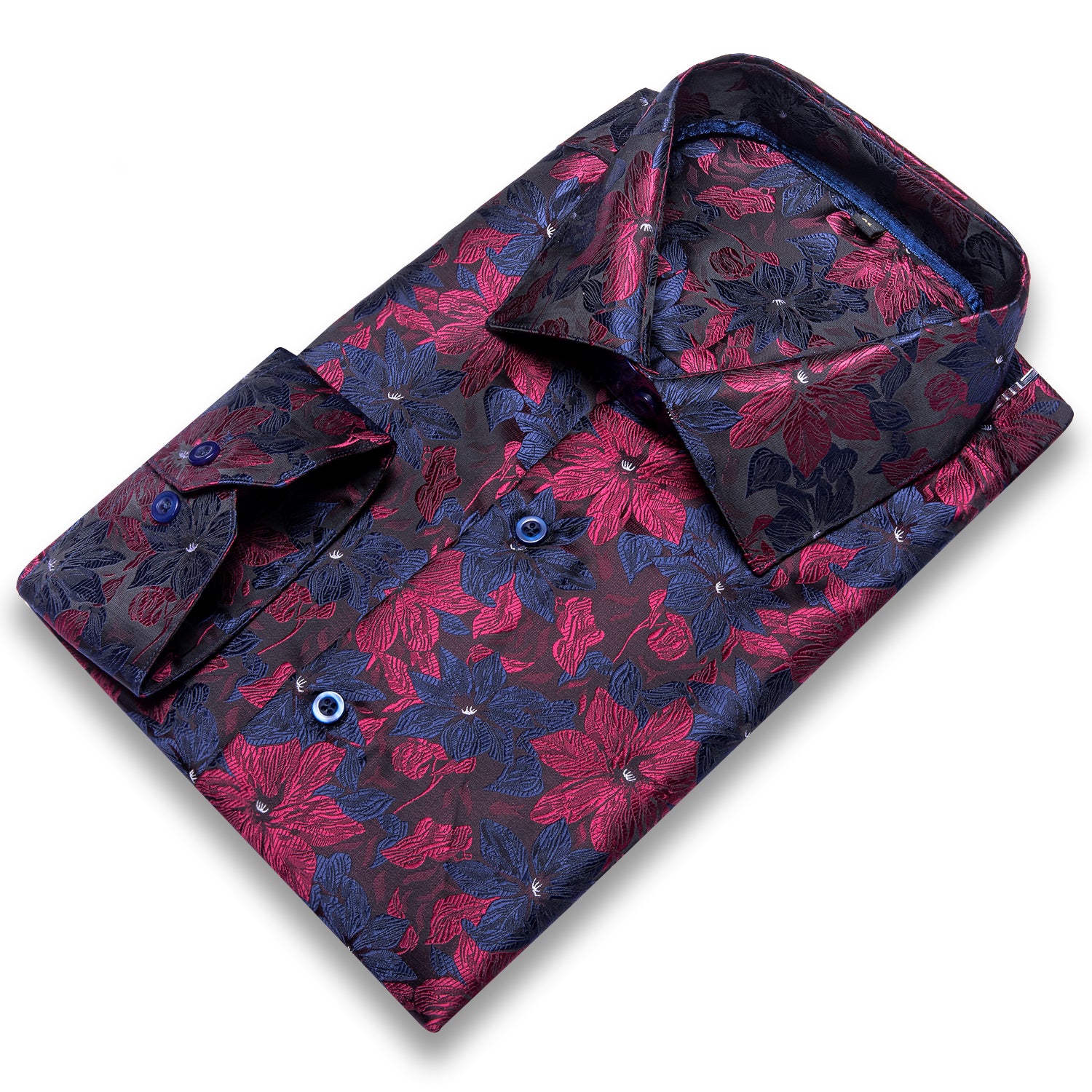 Red Floral Dinner Mens Top Blue Red Floral Silk Button Up Shirt