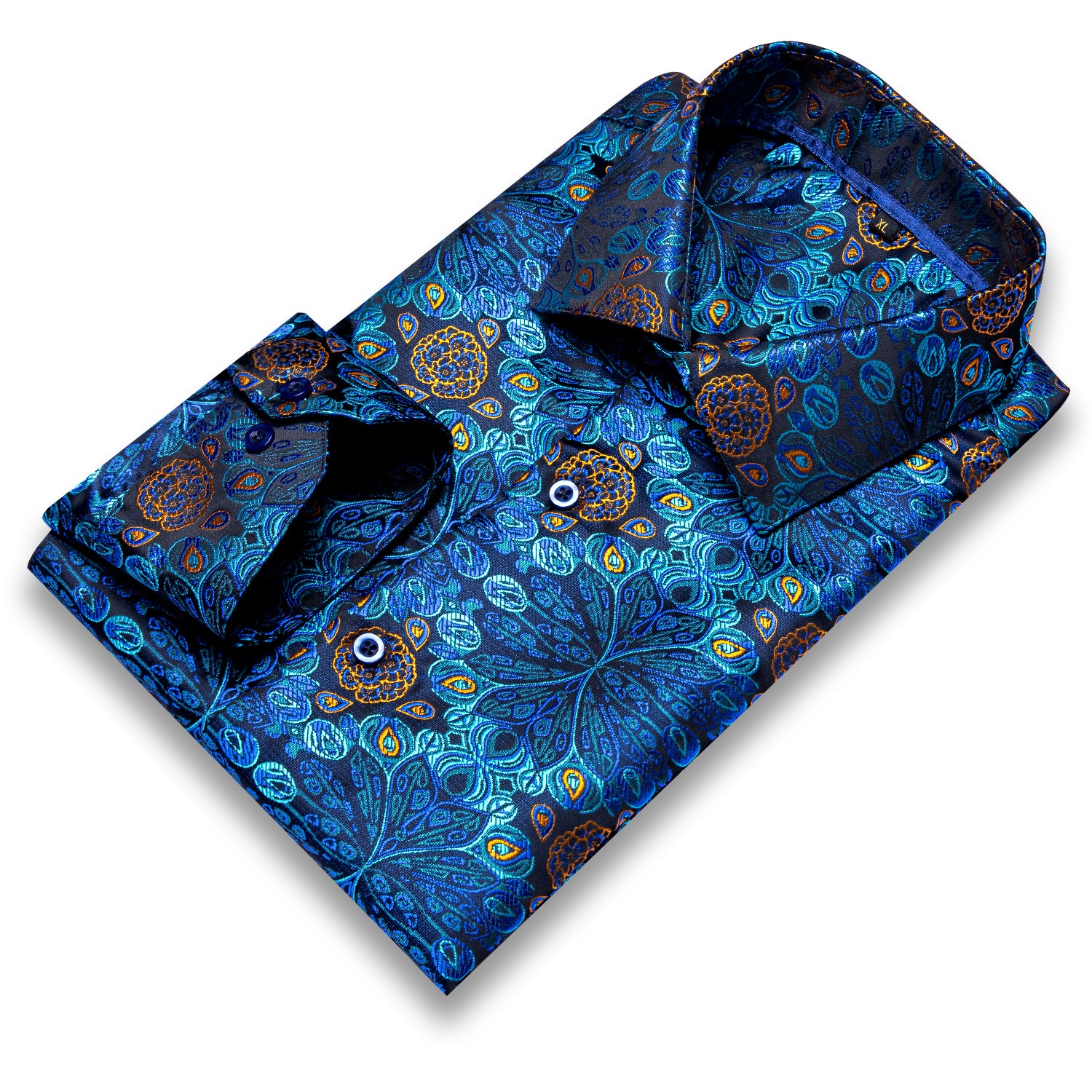 Blue Dress Shirt Golden Floral Jacquard Button Up Shirt
