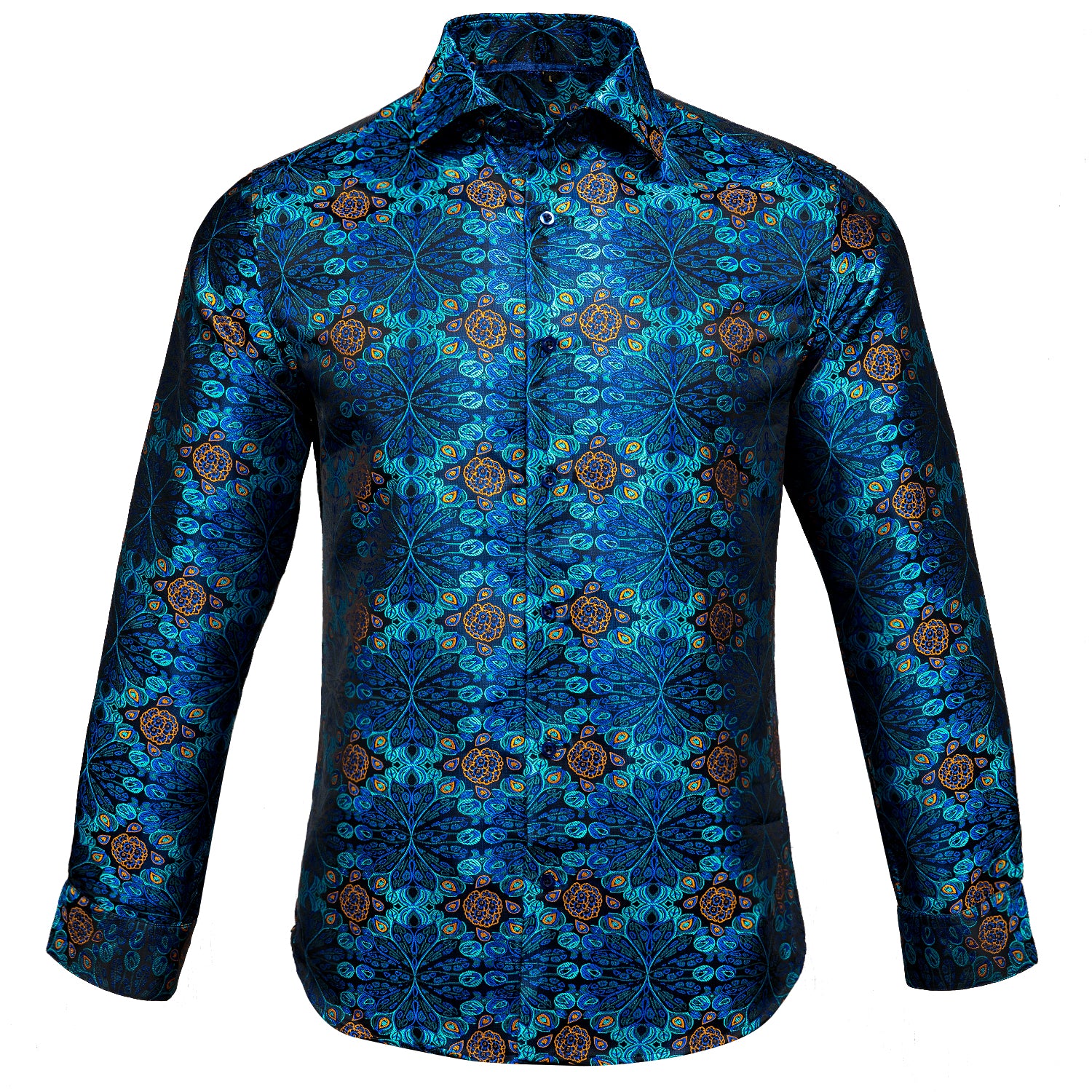 Blue Dress Shirt Golden Floral Jacquard Button Up Shirt
