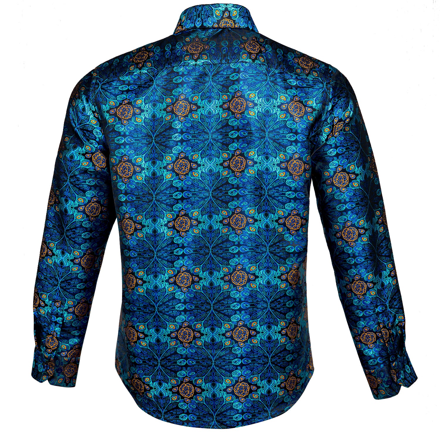 Blue Dress Shirt Golden Floral Jacquard Button Up Shirt
