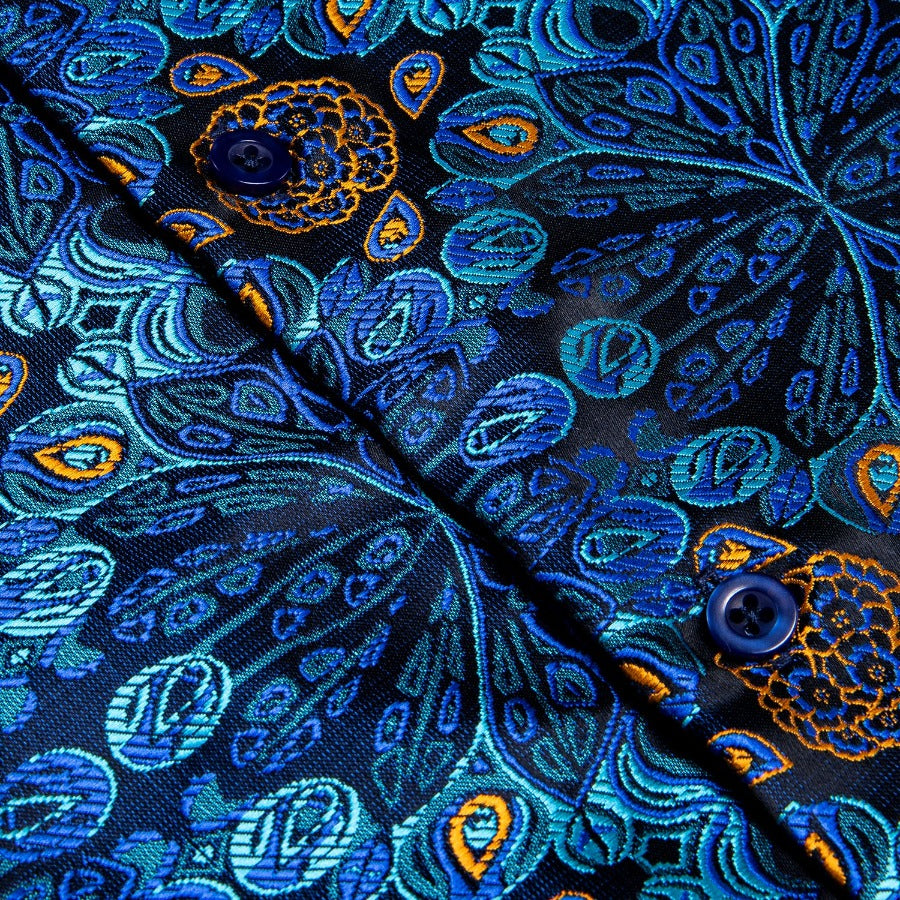 Blue Dress Shirt Golden Floral Jacquard Button Up Shirt