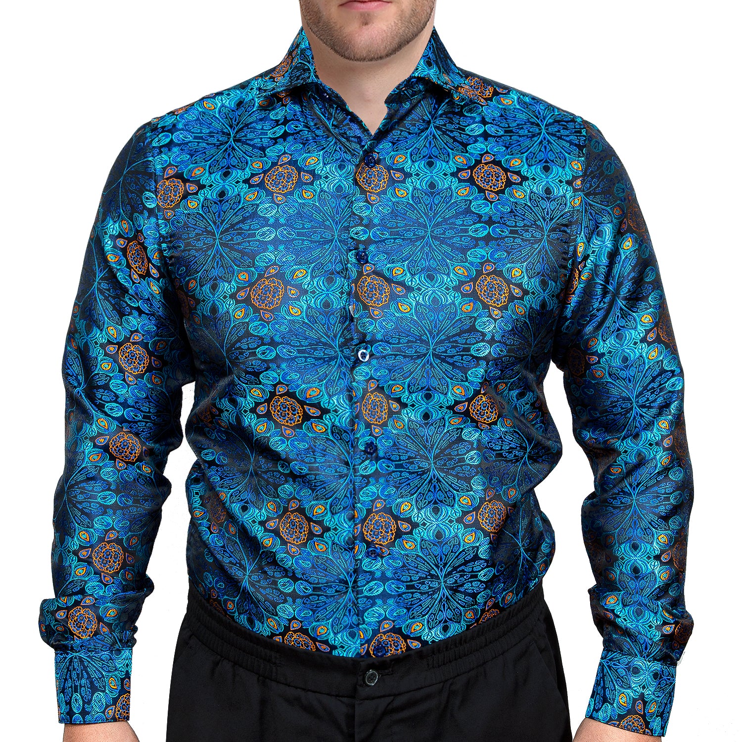 Blue Dress Shirt Golden Floral Jacquard Button Up Shirt