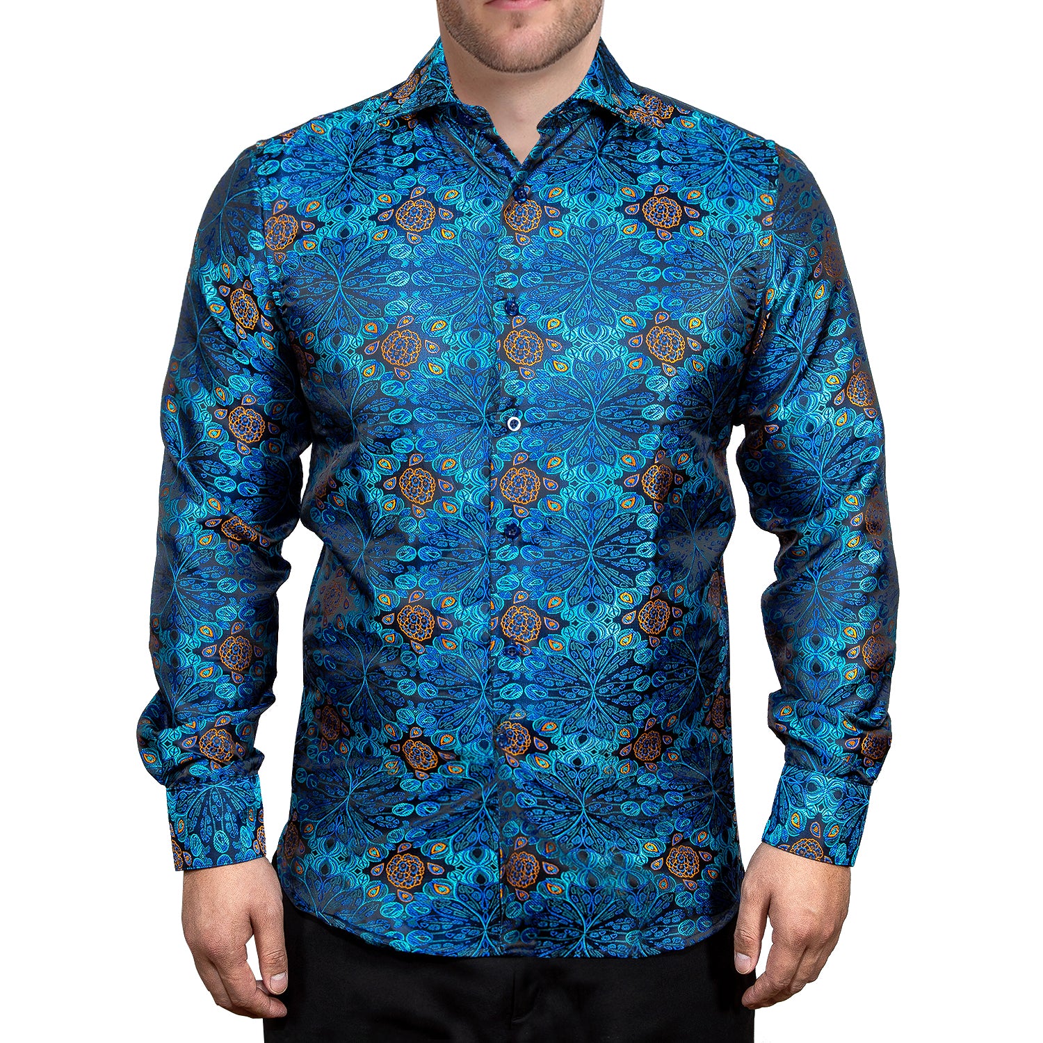 Blue Dress Shirt Golden Floral Jacquard Button Up Shirt