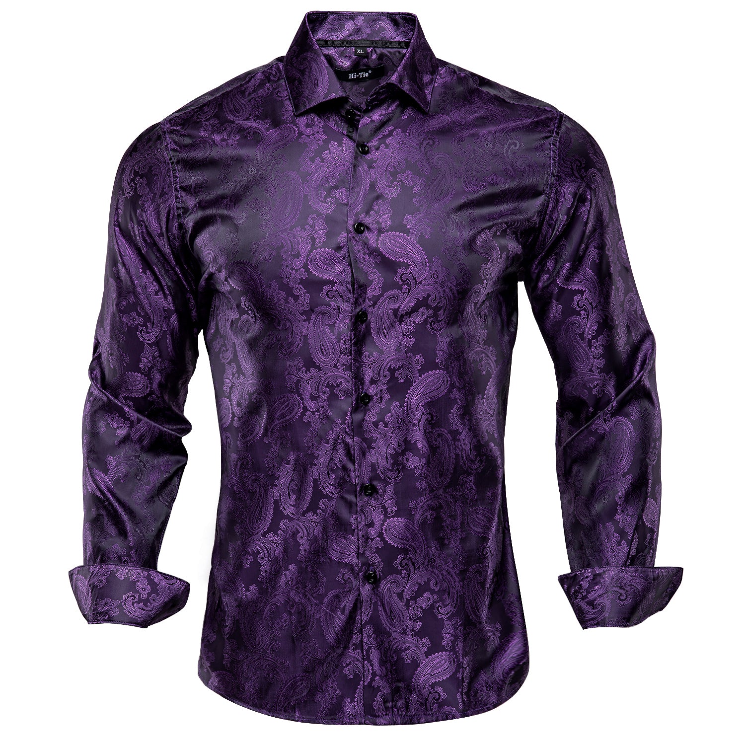 Hi-Tie Purple Top Black Purple Paisley Silk Men's Long Sleeve Shirt, XL