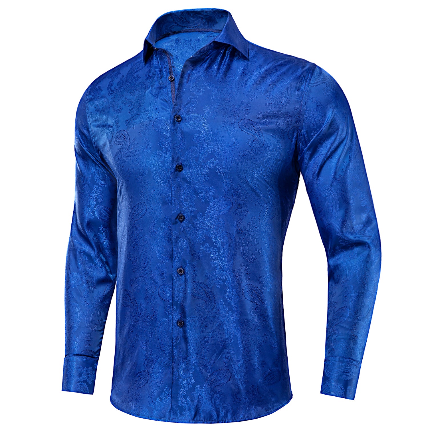 Navy Blue Paisley Silk Men's Long Sleeve Shirt