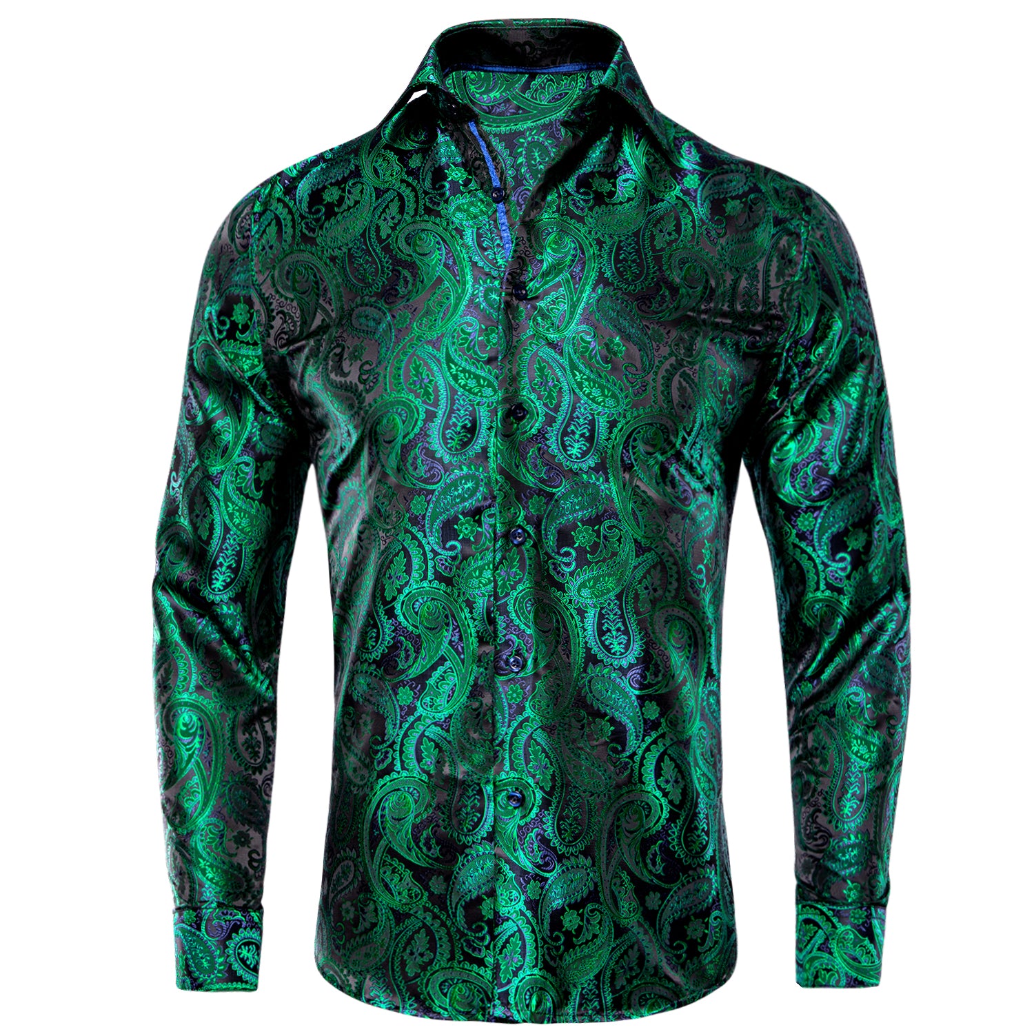 Black Green Blue Paisley Silk Men's Long Sleeve Shirt