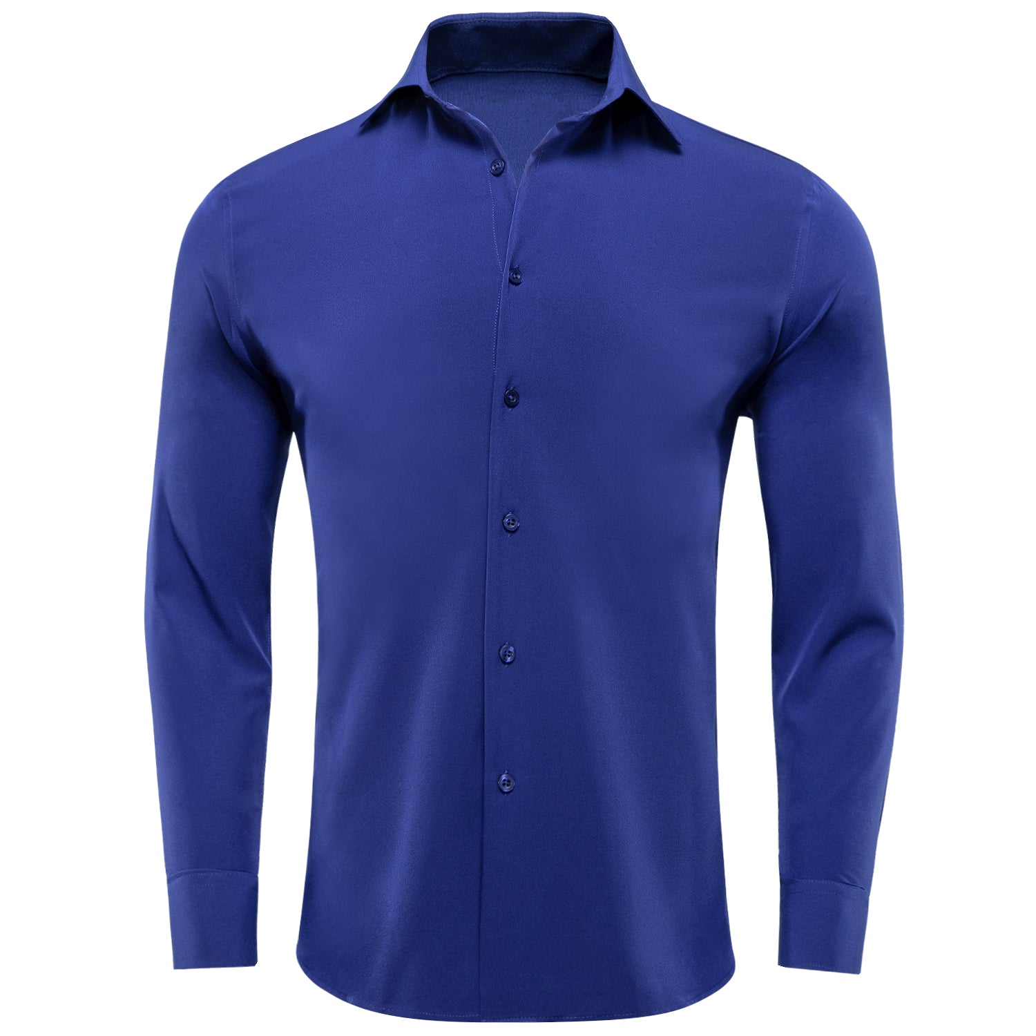 Navy Formal Blue Solid Silk Men's Long Sleeve Shirt for Wedding and Business