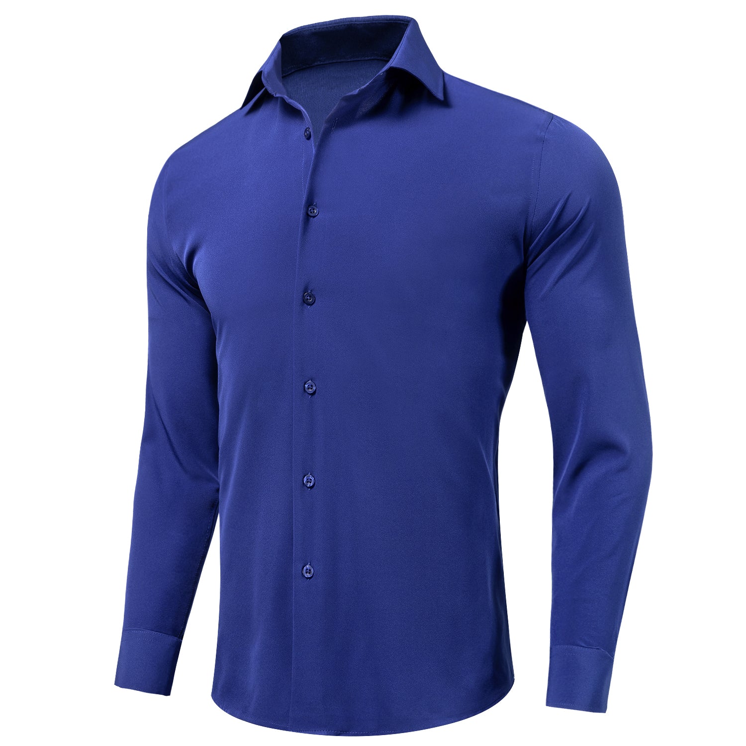 Navy Formal Blue Solid Silk Men's Long Sleeve Shirt for Wedding and Business
