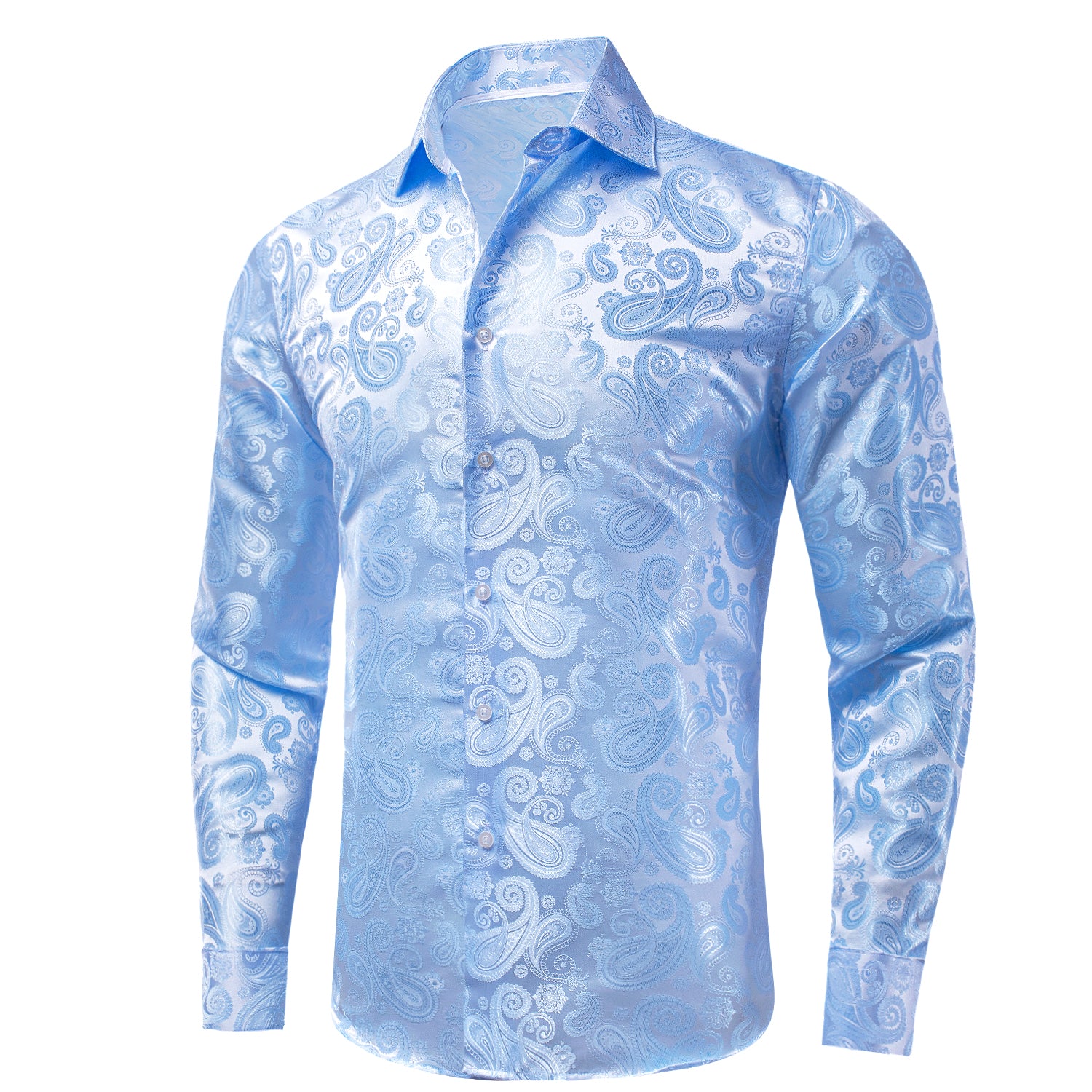 Sky Blue Paisley Silk Men's Long Sleeve Shirt