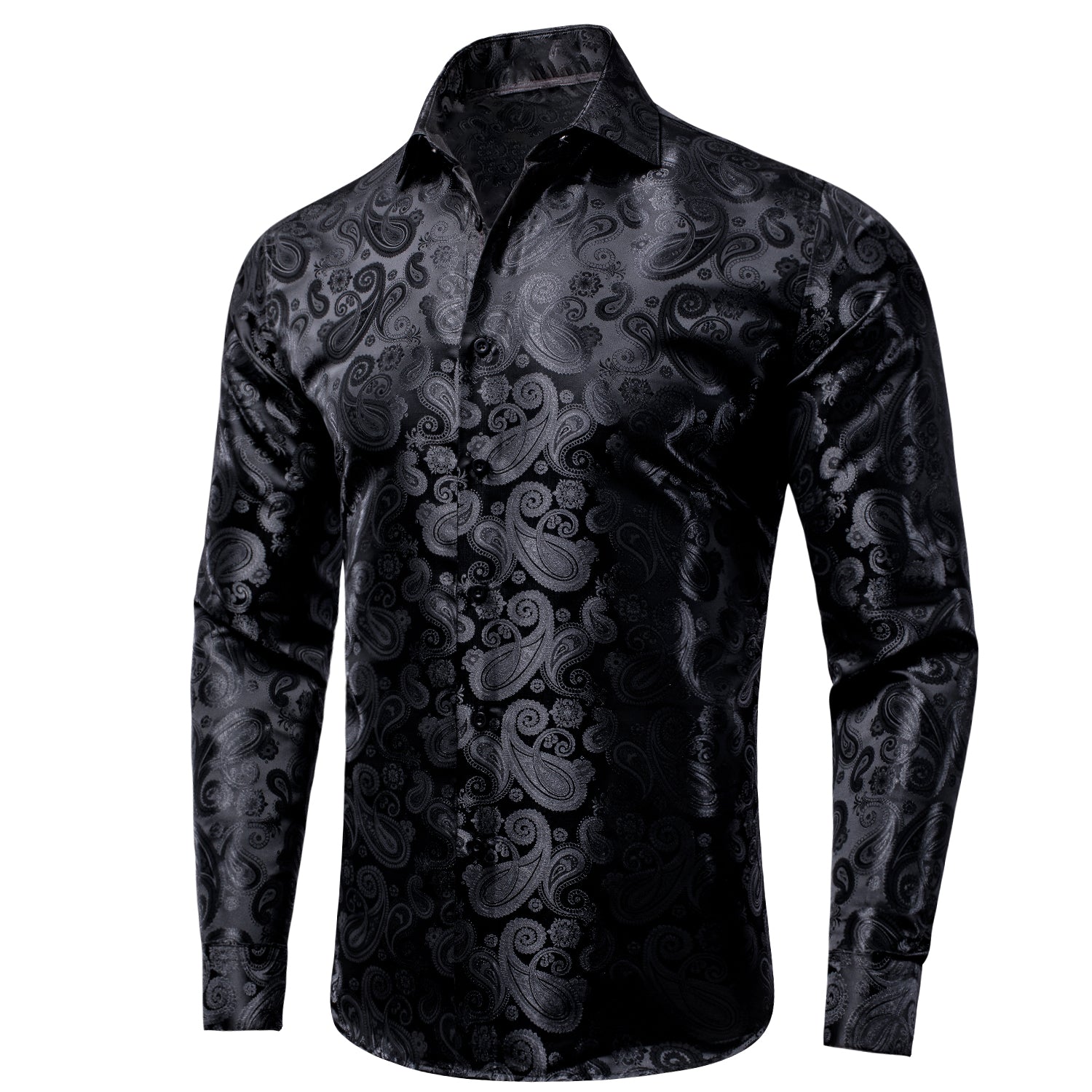 Black Paisley Silk Men's Long Sleeve Shirt Casual