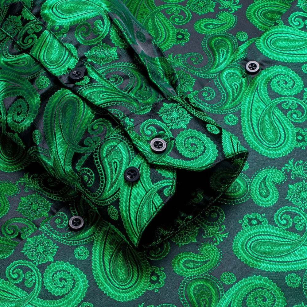 Green Black Paisley Silk Men's Long Sleeve Shirt Casual