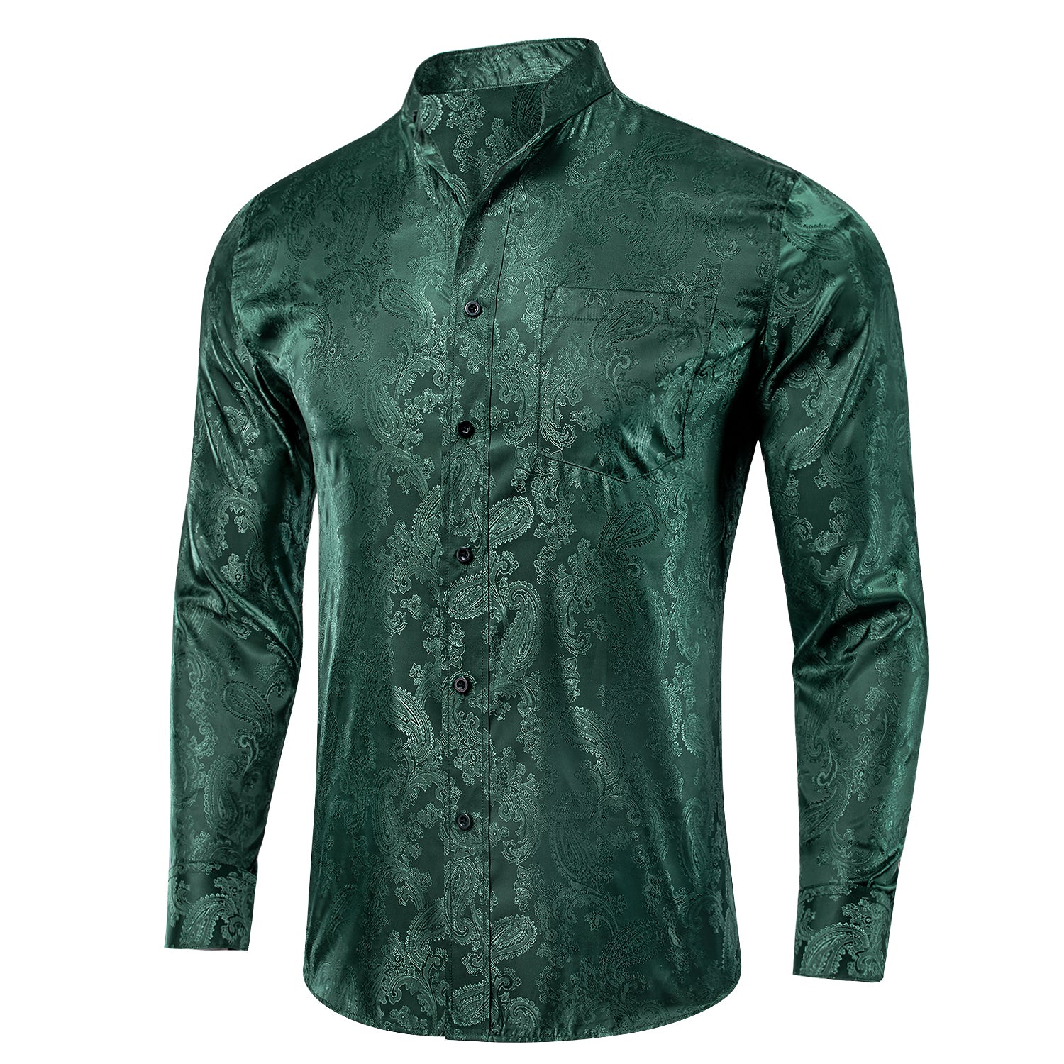 Emerald Green Paisley Men's Silk Dress Long Sleeve Shirt
