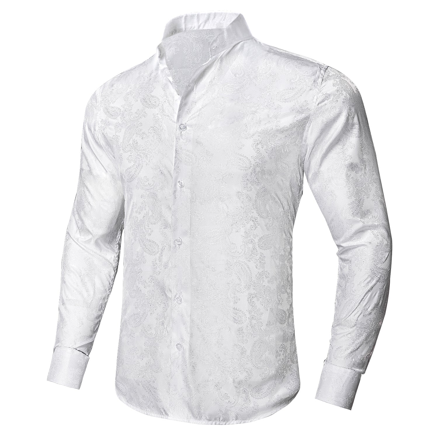 Pure White Paisley Men's Silk Dress Long Sleeve Shirt