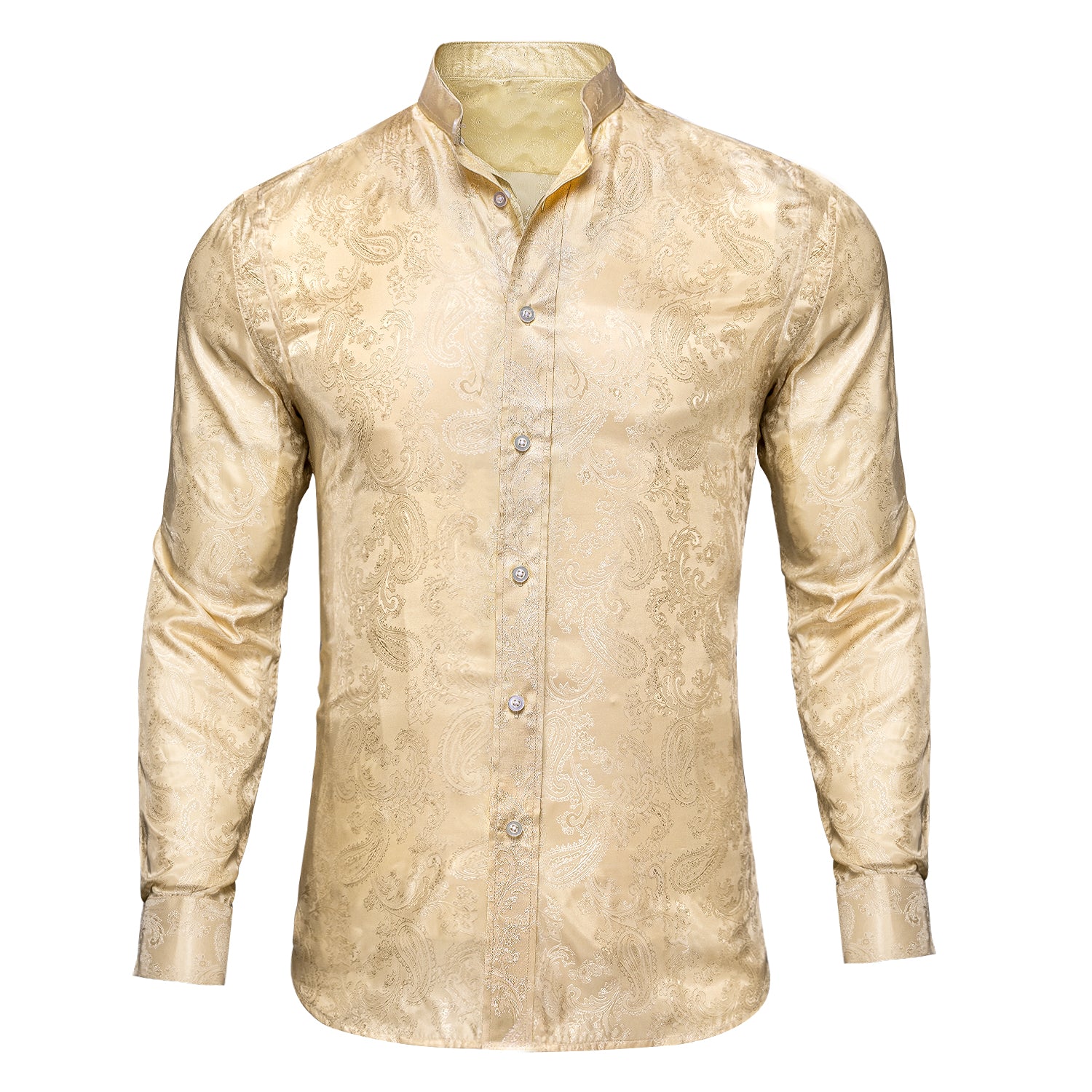 Champagne Yellow Paisley Men's Silk Dress Long Sleeve Shirt