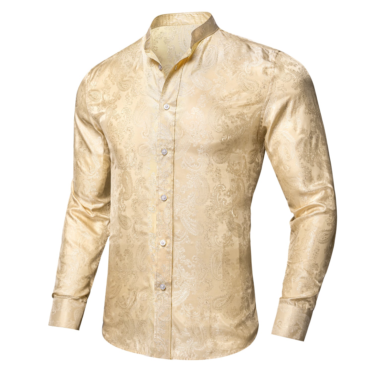 Champagne Yellow Paisley Men's Silk Dress Long Sleeve Shirt