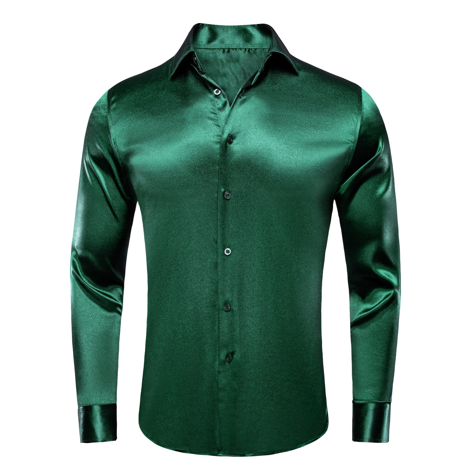Green Satin Silk Men's Long Sleeve Shirt - Main Image