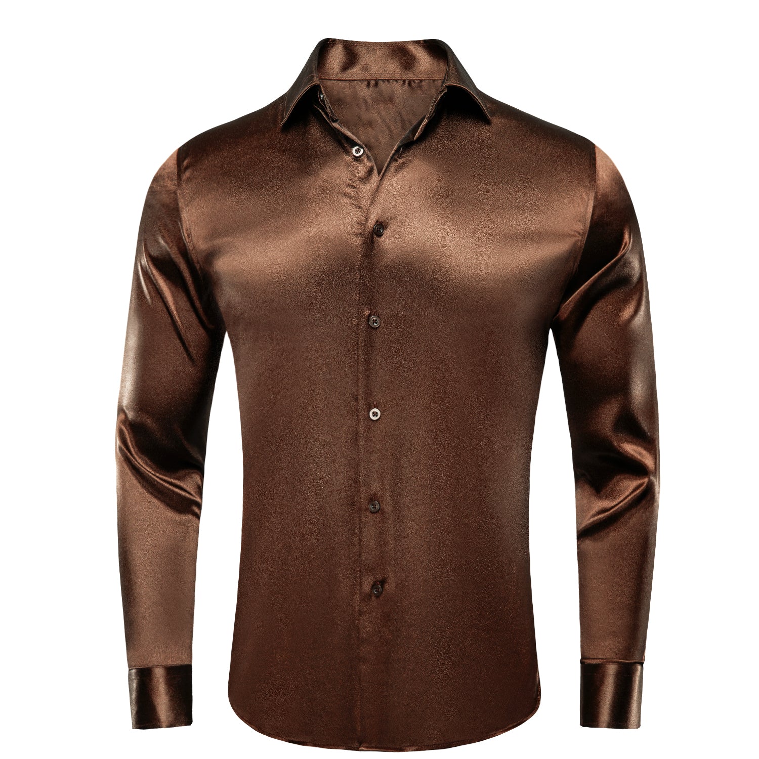 Hi-Tie Men's Top Dark Brown Satin Silk Men's Long Sleeve Dress Shirt, 3XL
