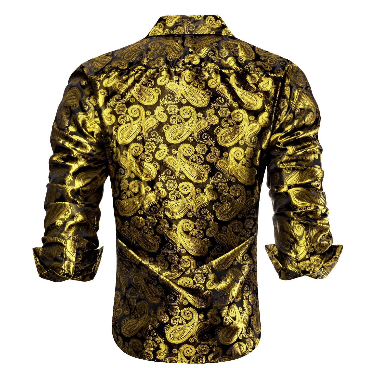 Golden Yellow Black Paisley Silk Men's Long Sleeve Shirt Casual