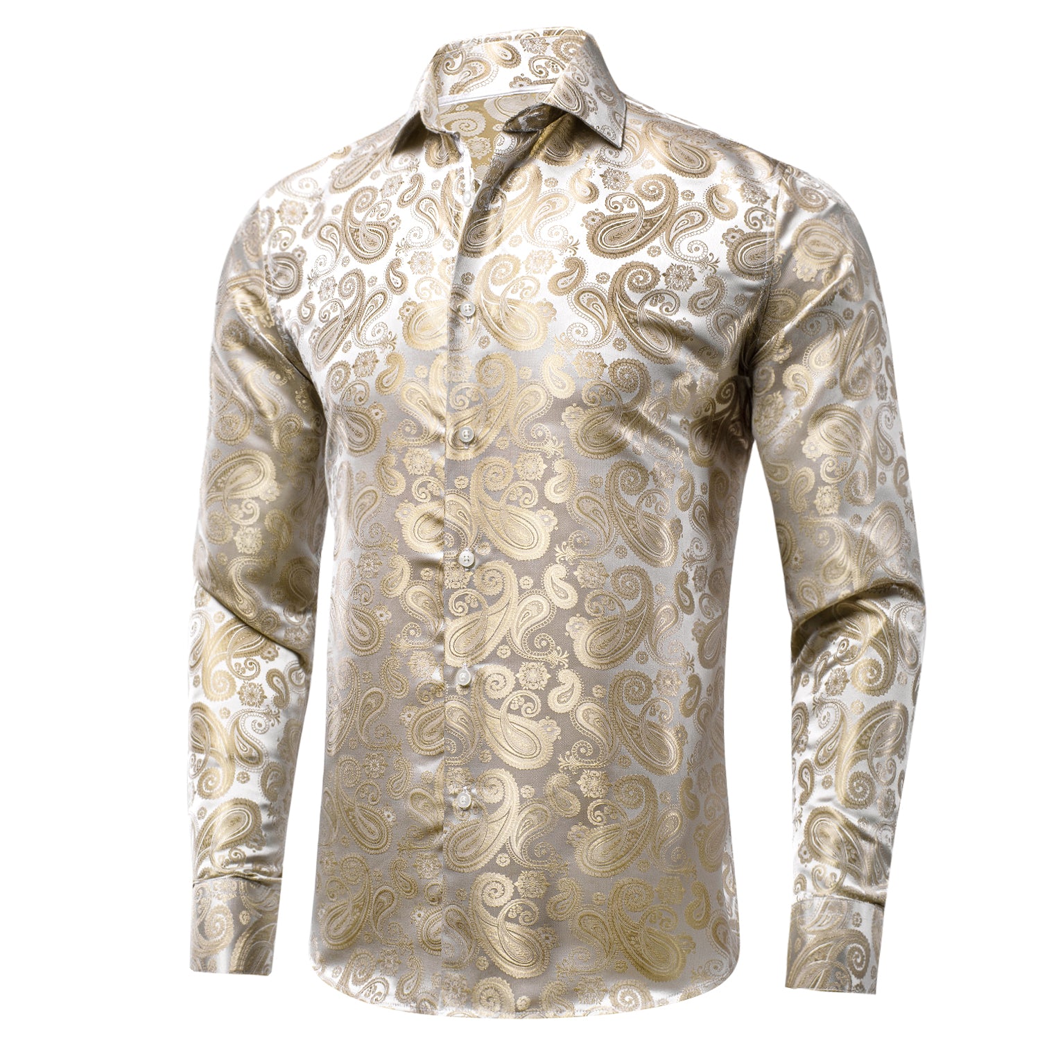 Champagne White Paisley Silk Men's Long Sleeve Shirt Casual