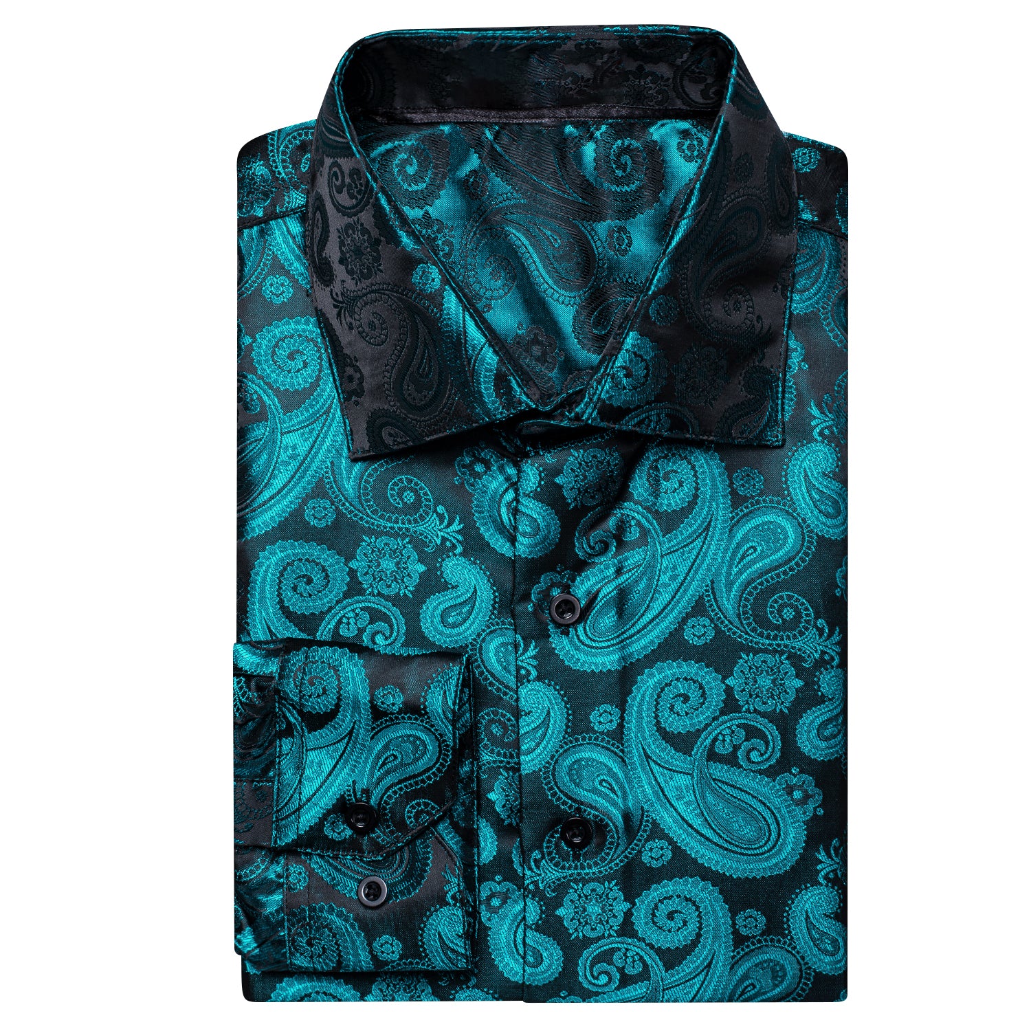  Blue Black Paisley Silk Men's Long Sleeve Shirt Casual