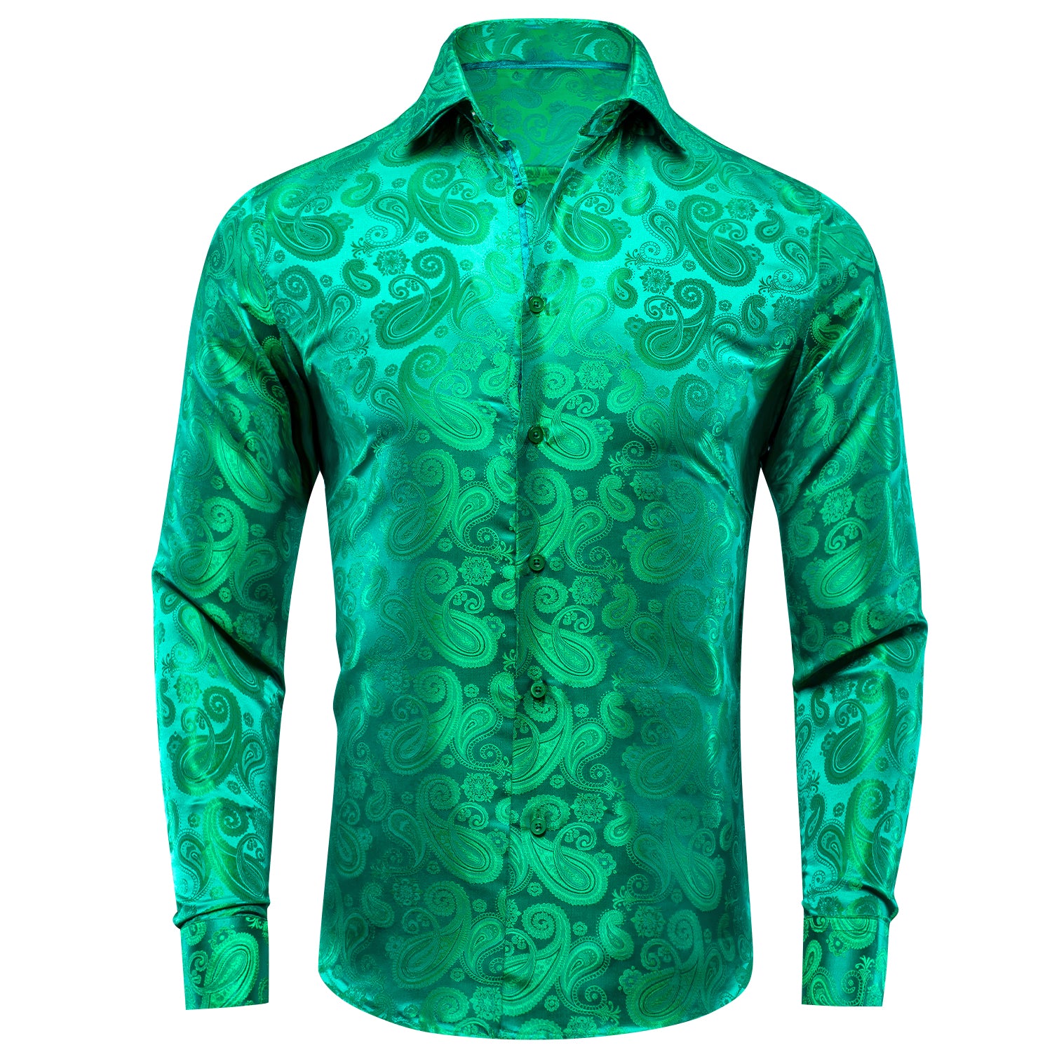 Grass Green Paisley Silk Men's Long Sleeve Shirt Casual