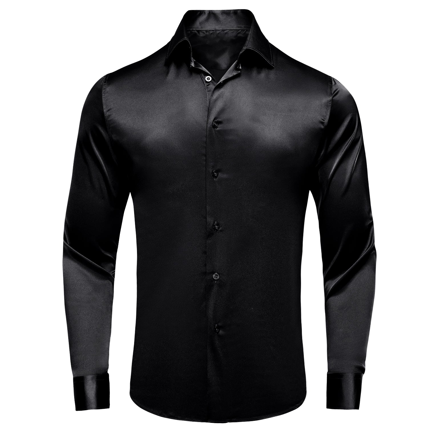 Hi-Tie Black Silk Shirt Solid Satin Men's Long Sleeve Dress Shirt, 2XL