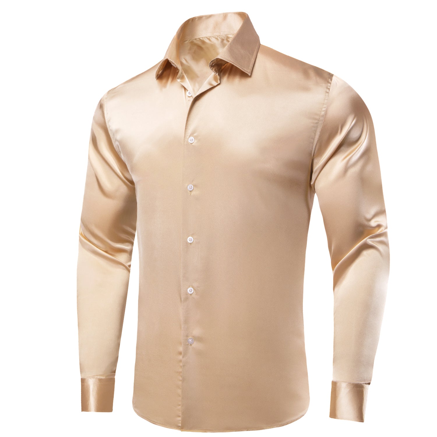 Champagne Solid Satin Men's Long Sleeve Dress Shirt