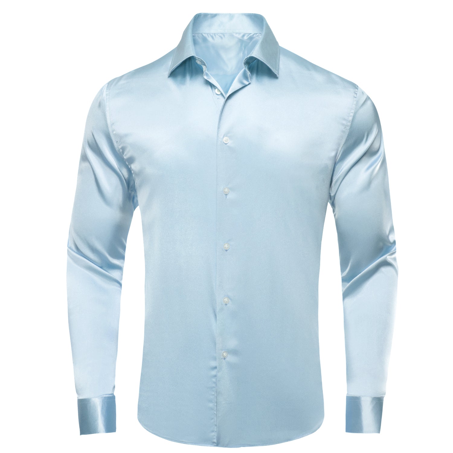 Baby Blue Solid Satin Men's Long Sleeve Dress Shirt