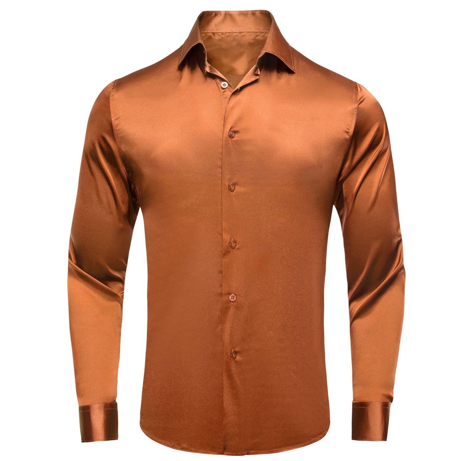 Hi-Tie Burnt Orange Brown Solid Satin Men's Long Sleeve Dress Shirt, M Hi-Tie Burnt Orange Brown Solid Satin Men's Long Sleeve Dress Shirt, M