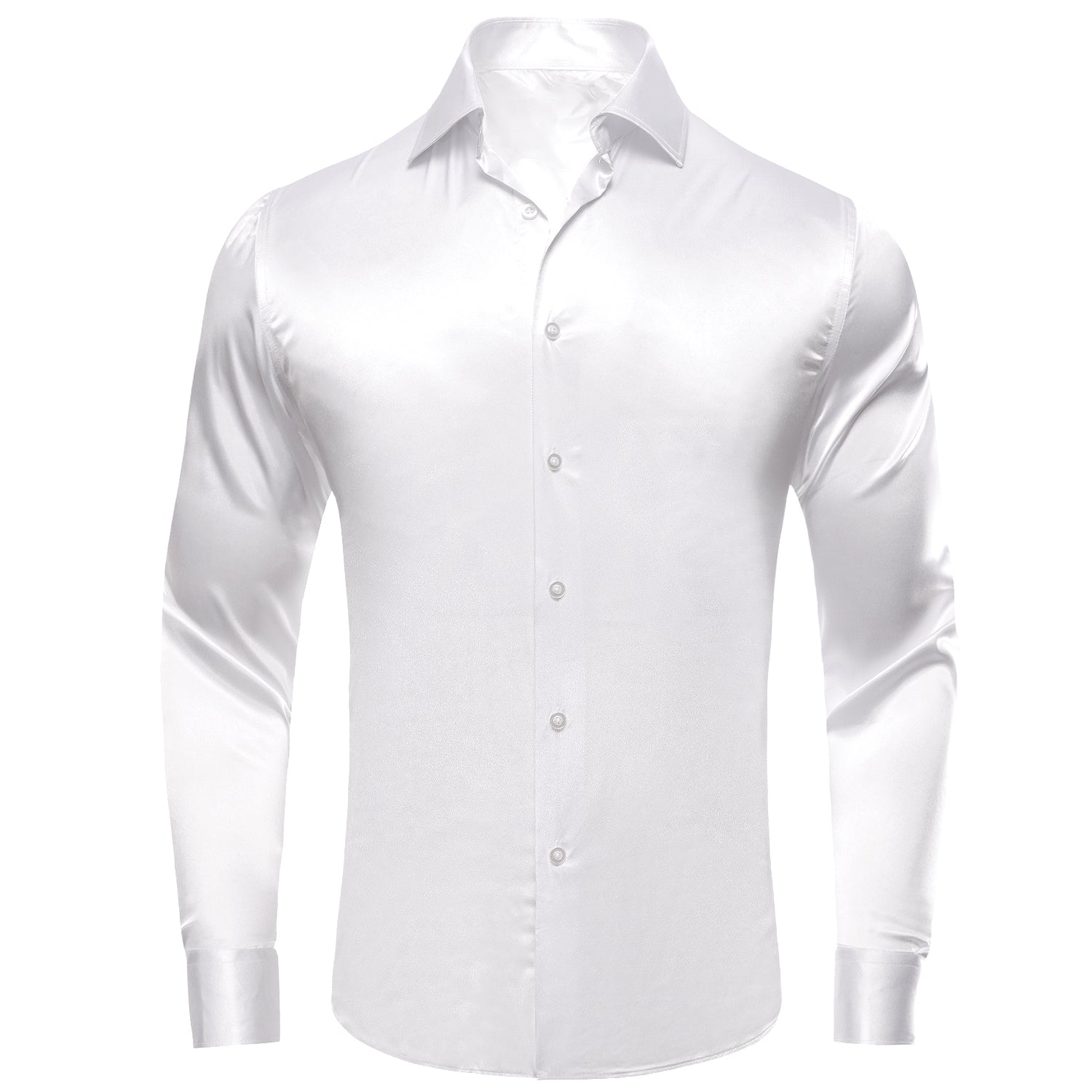 White Solid Satin Men's Long Sleeve Dress Shirt