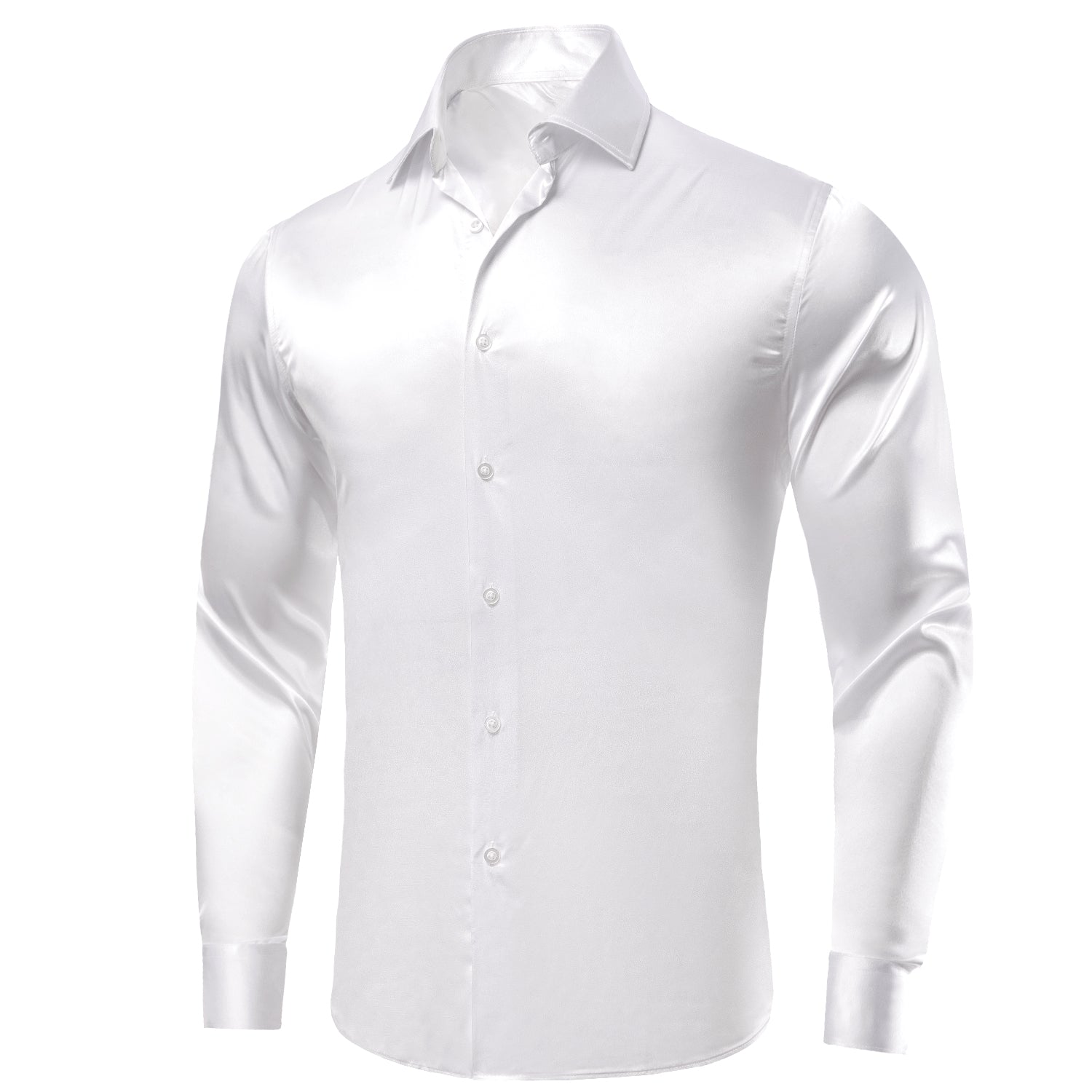 White Solid Satin Men's Long Sleeve Dress Shirt
