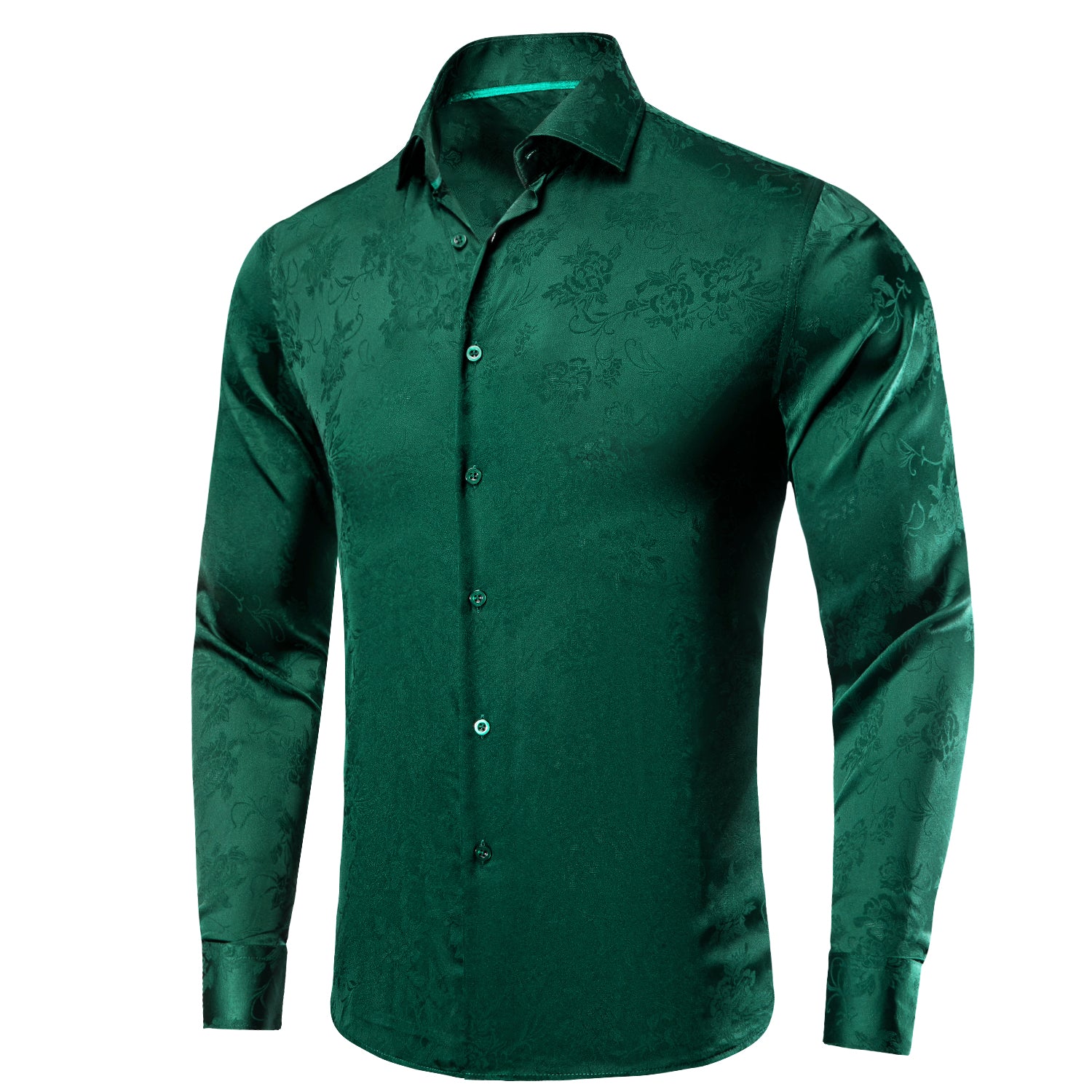 Emerald Green Floral Silk Men's Long Sleeve Shirt