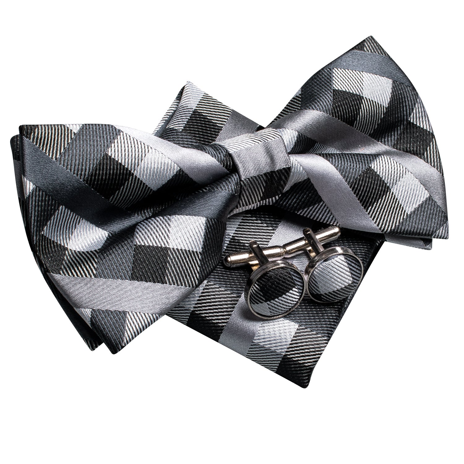 Men's Black Grey Plaid Pre-tied Bow Tie Hanky Cufflinks Set
