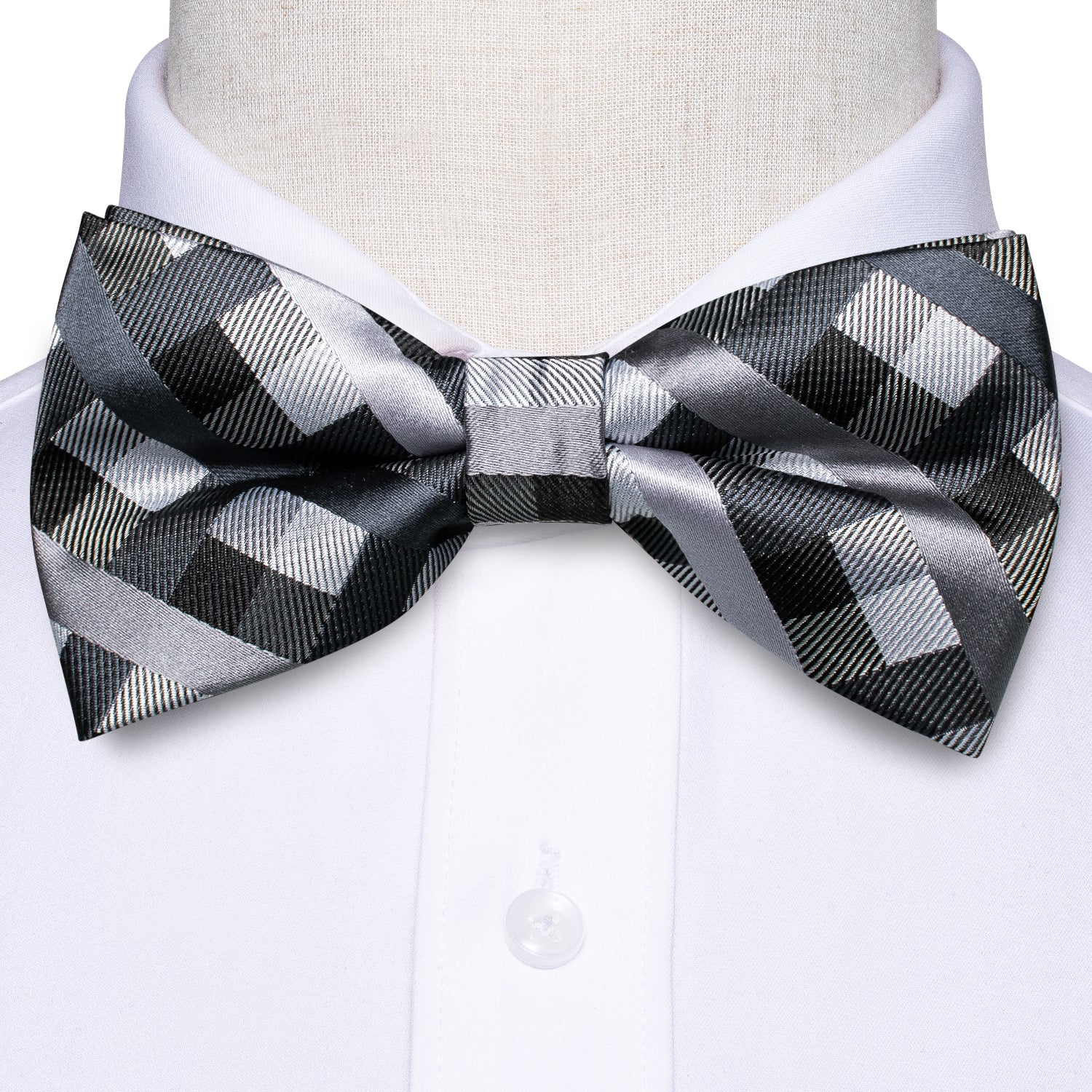 Men's Black Grey Plaid Pre-tied Bow Tie Hanky Cufflinks Set