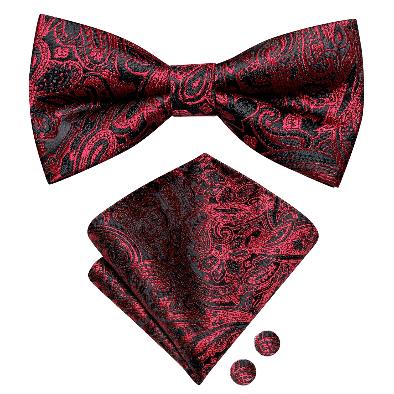 Black Red Neck Tie Paisley Pre-tied Bow Tie Hanky Cufflinks Set