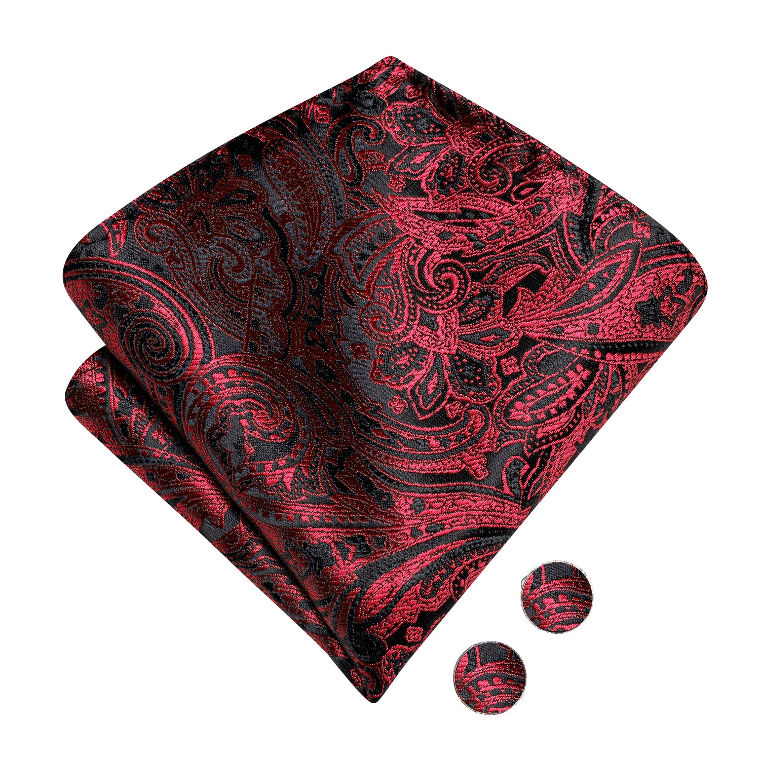 Black Red Neck Tie Paisley Pre-tied Bow Tie Hanky Cufflinks Set
