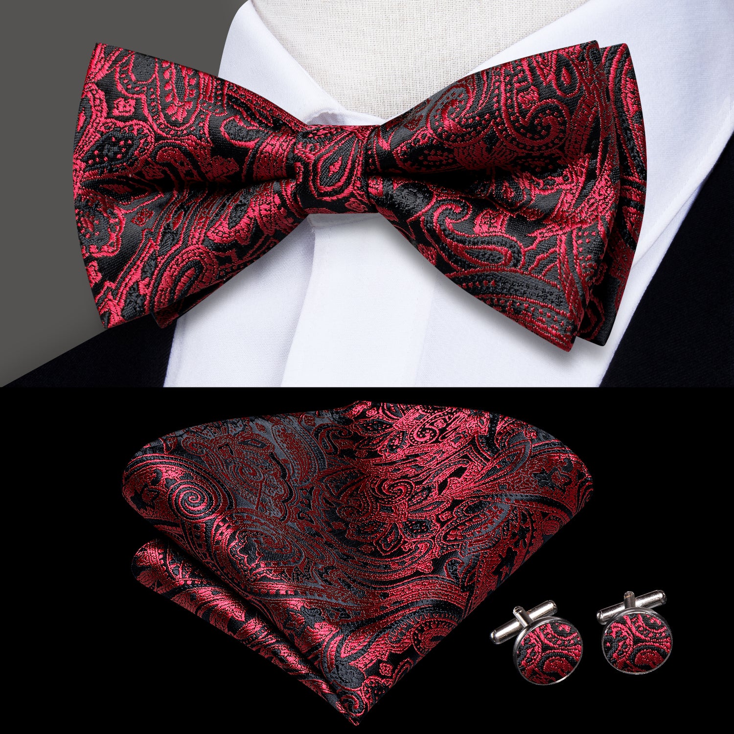 Black Red Neck Tie Paisley Pre-tied Bow Tie Hanky Cufflinks Set