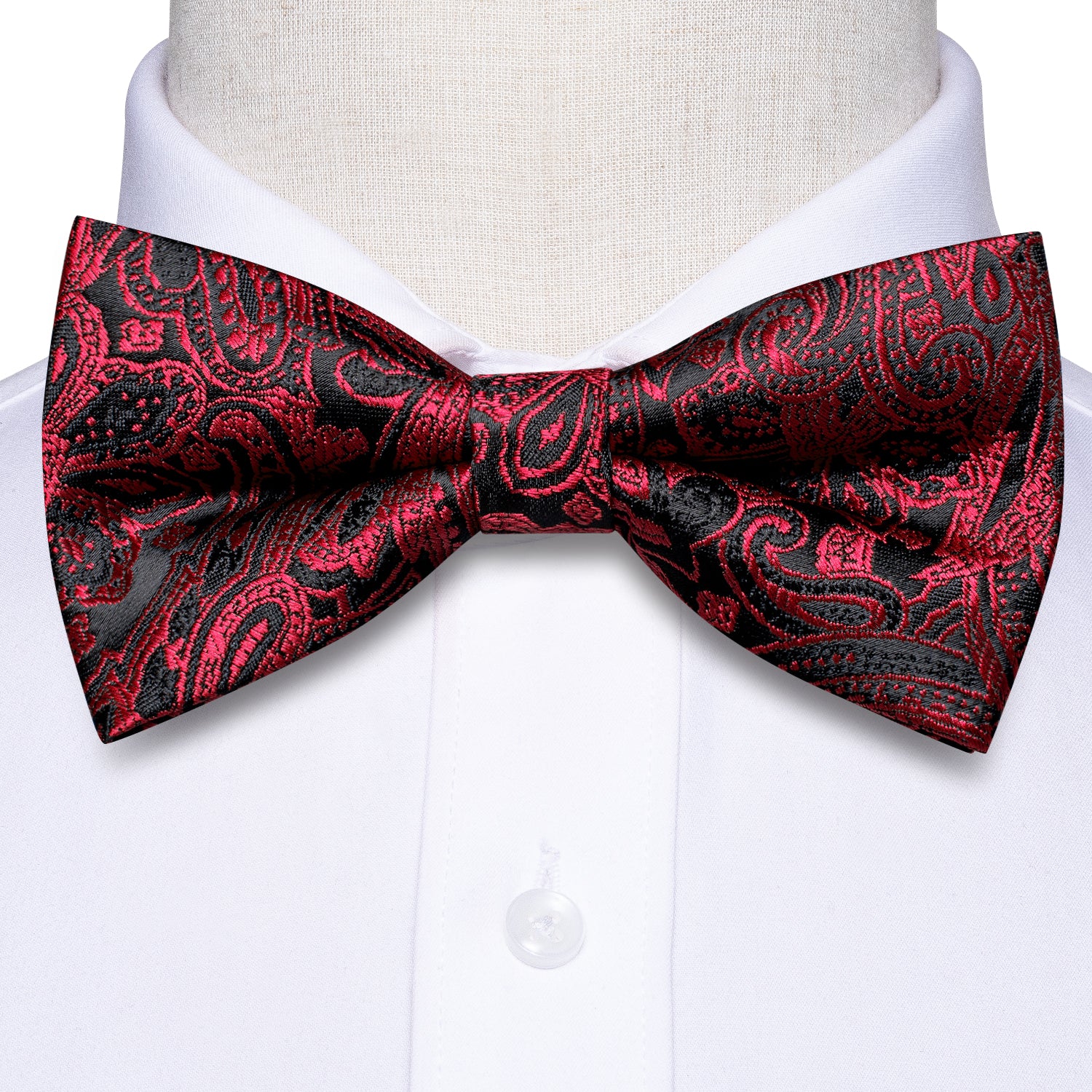 Black Red Neck Tie Paisley Pre-tied Bow Tie Hanky Cufflinks Set