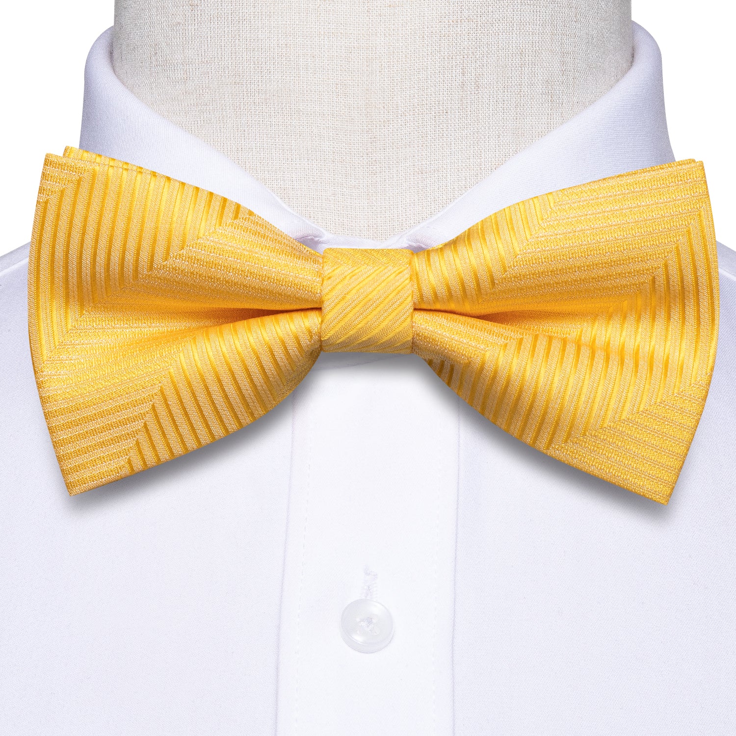 Yellow Striped Pre-tied Bow Tie Hanky Cufflinks Set